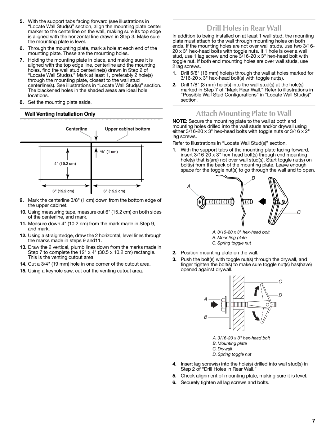 Maytag W10188947A, W10188238A installation instructions Drill Holes in Rear Wall, Attach Mounting Plate to Wall 