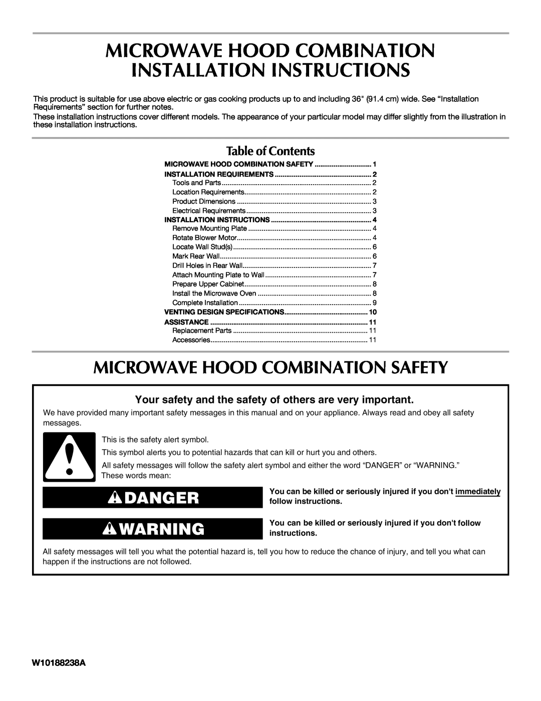 Maytag W10188947A installation instructions Microwave Hood Combination Safety, W10188238A, Danger, Table of Contents 