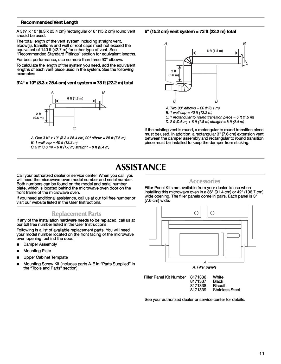 Maytag W10188947A, W10188238A installation instructions Assistance, Accessories, Replacement Parts, Recommended Vent Length 