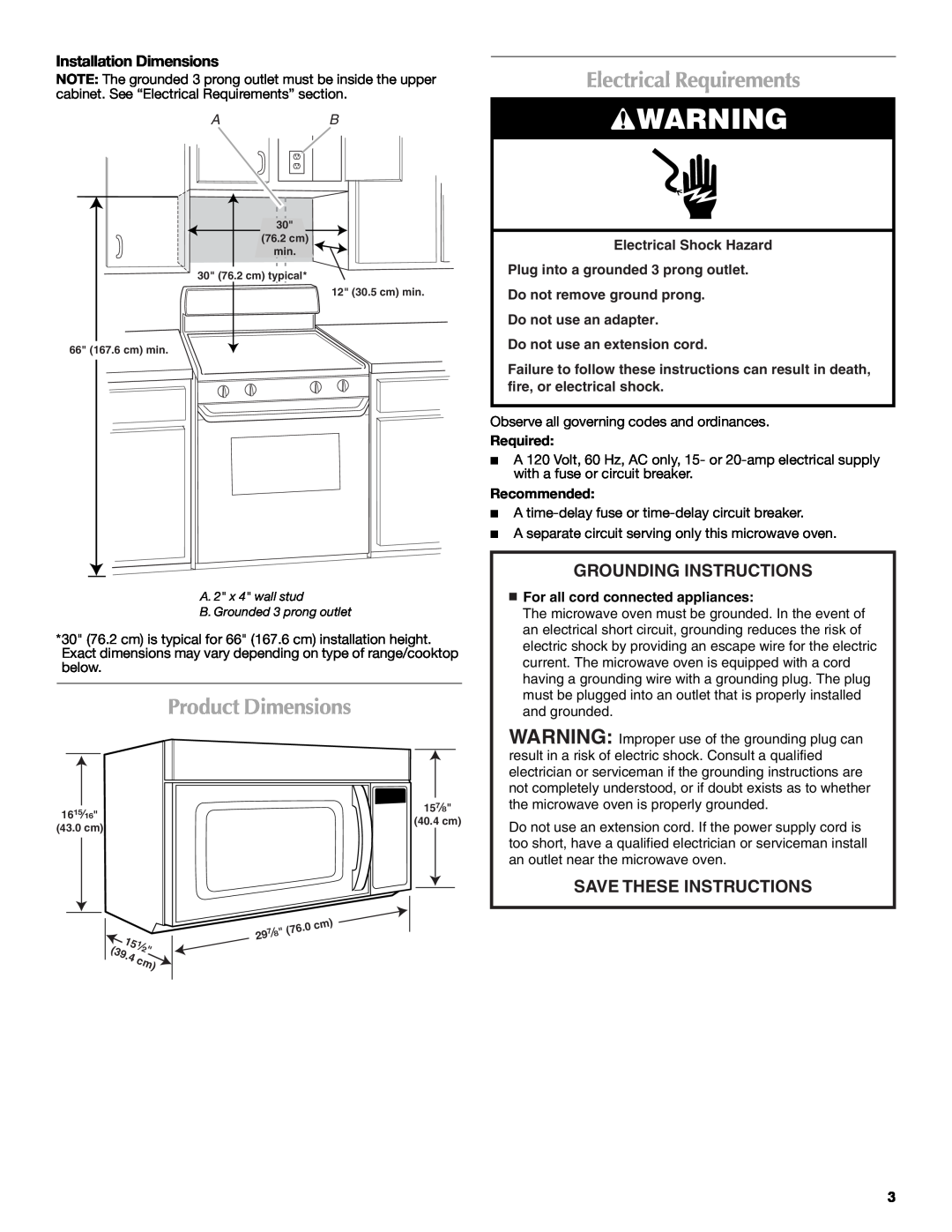 Maytag W10188947A Product Dimensions, Electrical Requirements, Installation Dimensions, Do not use an extension cord 