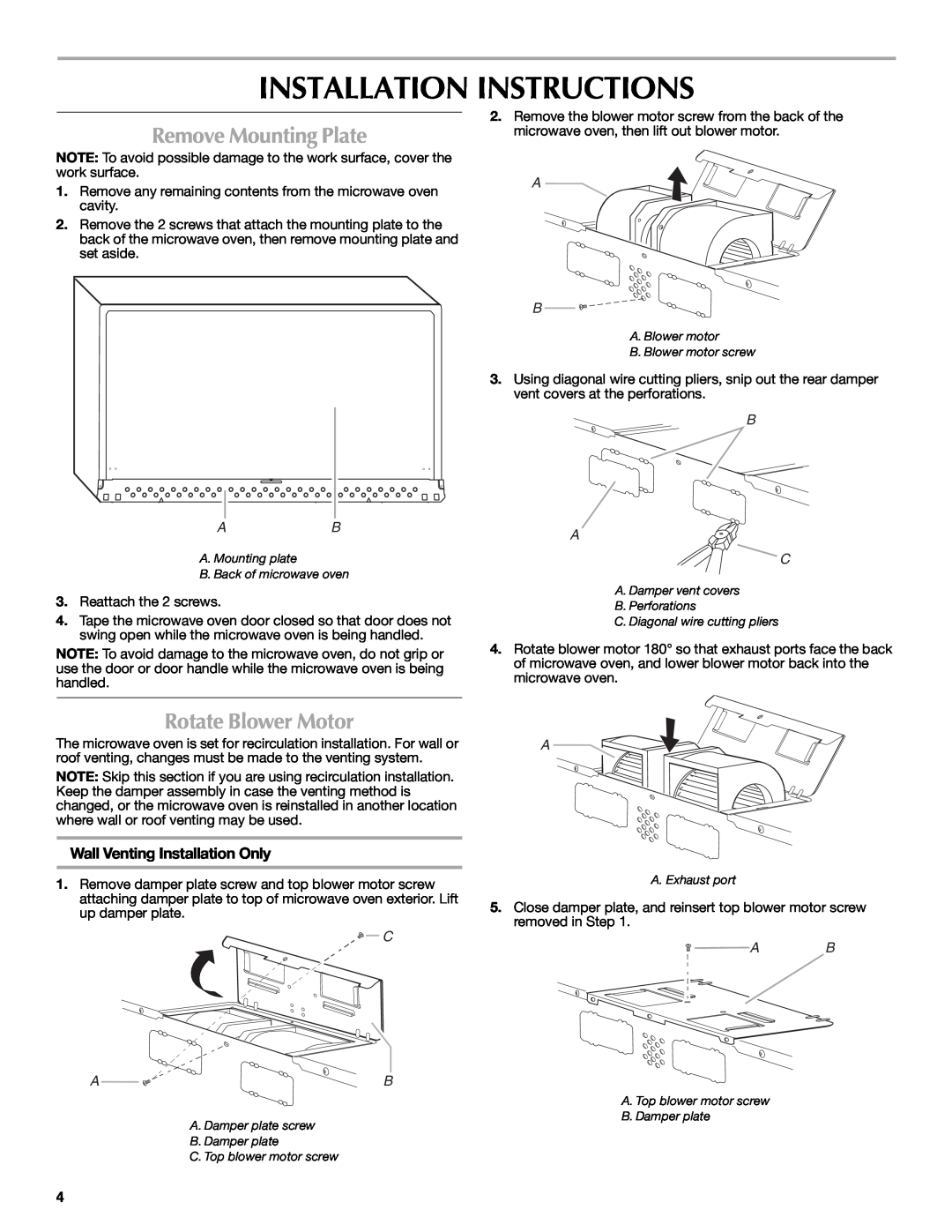 Maytag W10188238A Installation Instructions, Remove Mounting Plate, Rotate Blower Motor, Wall Venting Installation Only 
