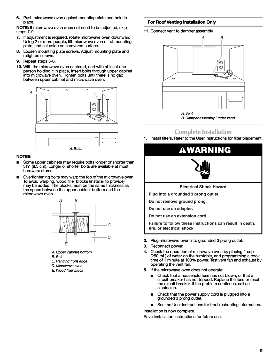 Maytag W10188947A Complete Installation, For Roof Venting Installation Only, A B C D E, Do not use an extension cord 