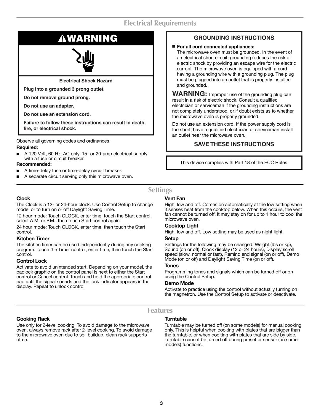 Maytag W10188231A, W10188941A important safety instructions Electrical Requirements, Settings, Features 