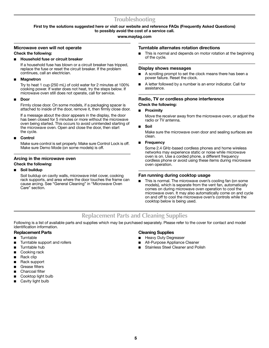 Maytag W10188231A, W10188941A important safety instructions Troubleshooting, Replacement Parts and Cleaning Supplies 