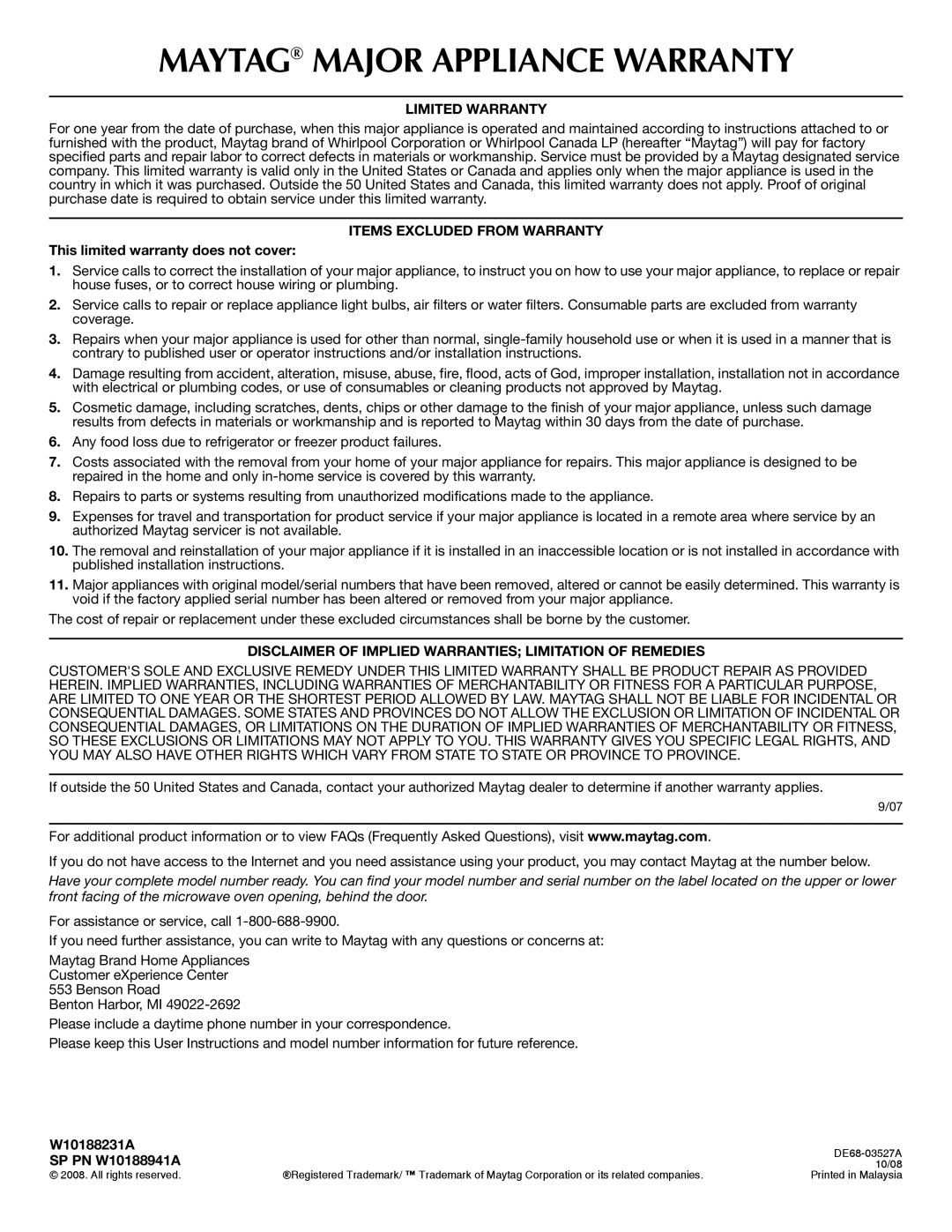 Maytag important safety instructions This limited warranty does not cover, W10188231A, SP PN W10188941A 