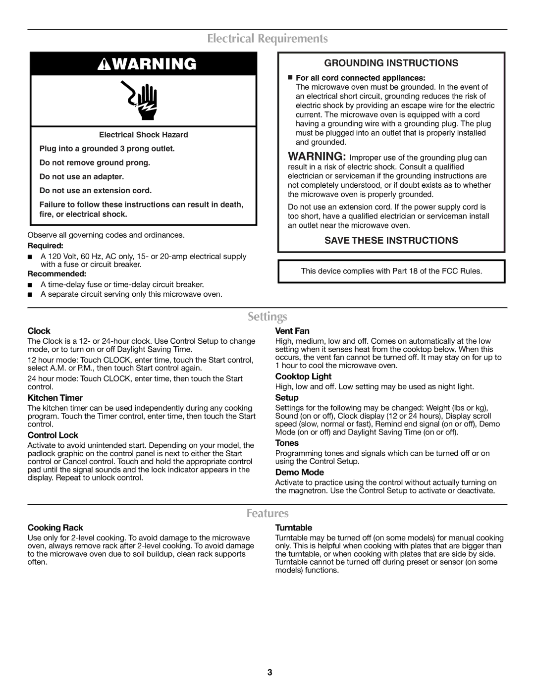 Maytag W10188236A, W10188944A important safety instructions Electrical Requirements, Settings, Features 