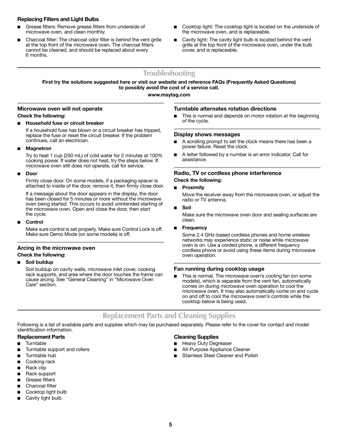 Maytag W10188236A, W10188944A important safety instructions Troubleshooting, Replacement Parts and Cleaning Supplies 