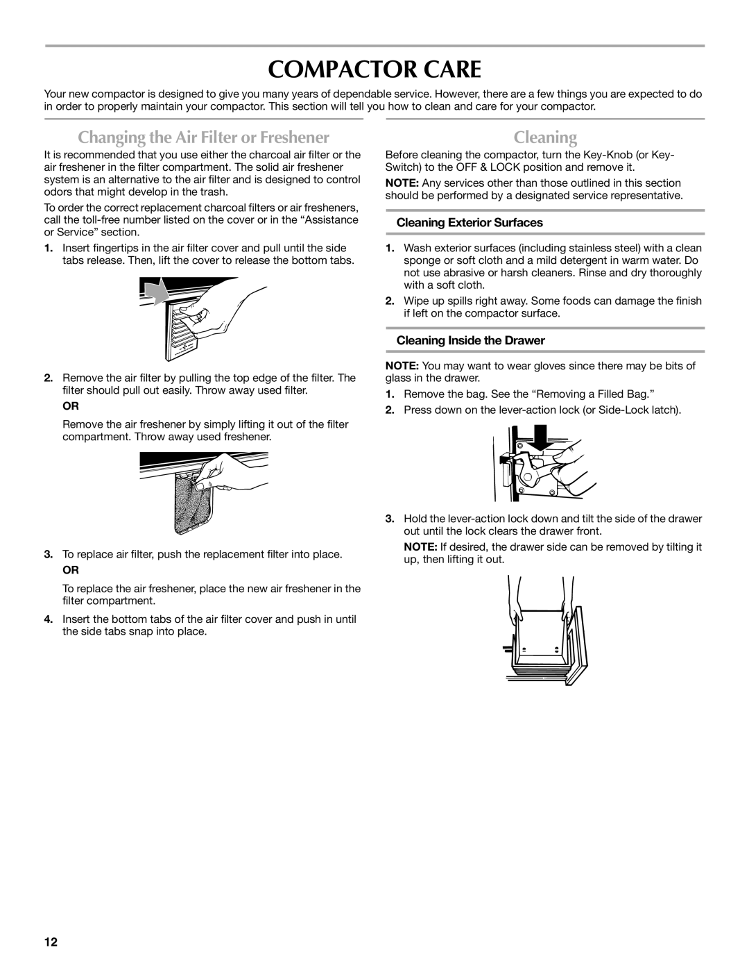 Maytag W10190314A, MTUC7000AWS manual Compactor Care, Changing the Air Filter or Freshener, Cleaning Exterior Surfaces 