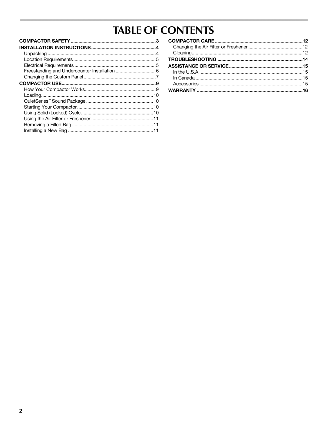 Maytag W10190314A, MTUC7000AWS manual Table of Contents 