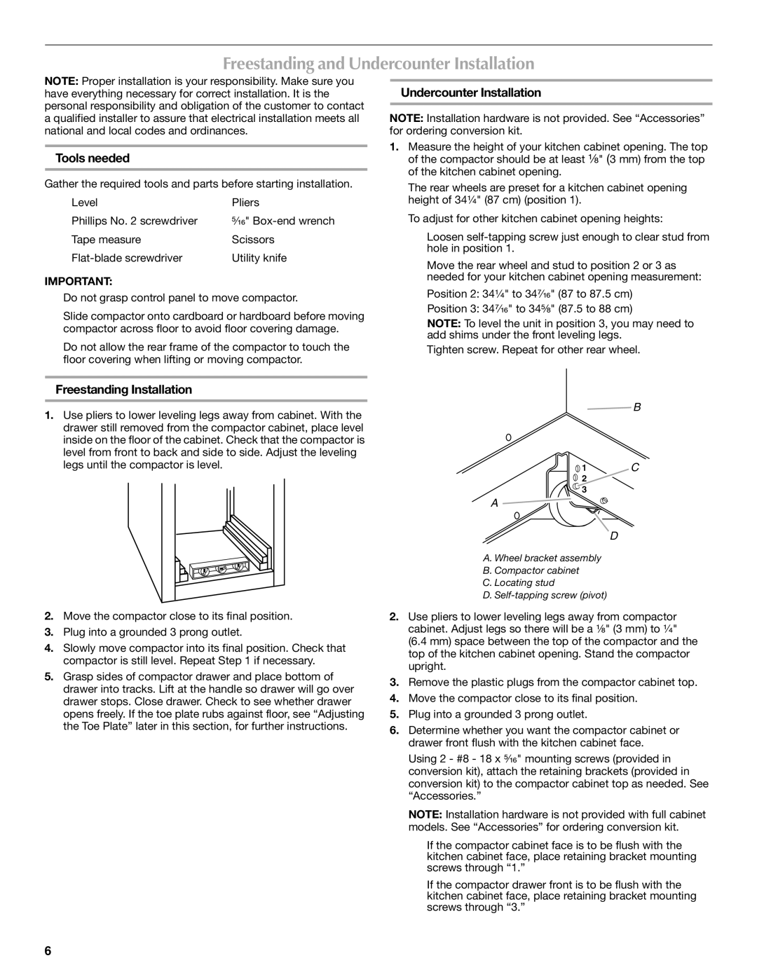 Maytag W10190314A, MTUC7000AWS manual Freestanding and Undercounter Installation, Tools needed, Freestanding Installation 