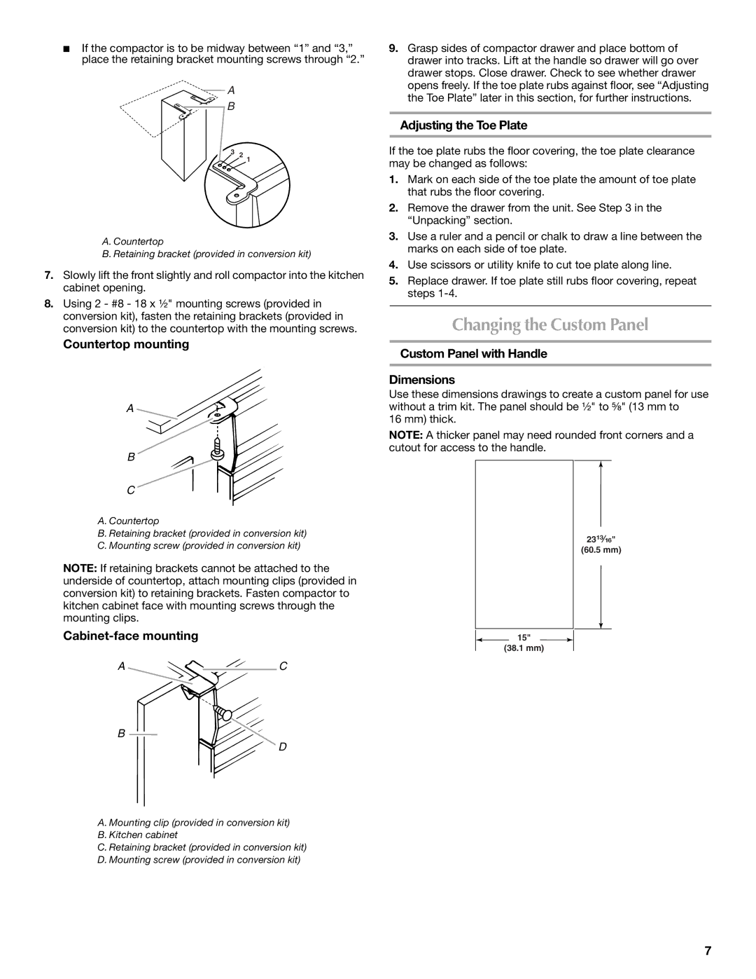 Maytag MTUC7000AWS manual Changing the Custom Panel, Countertop mounting, Cabinet-face mounting, Adjusting the Toe Plate 