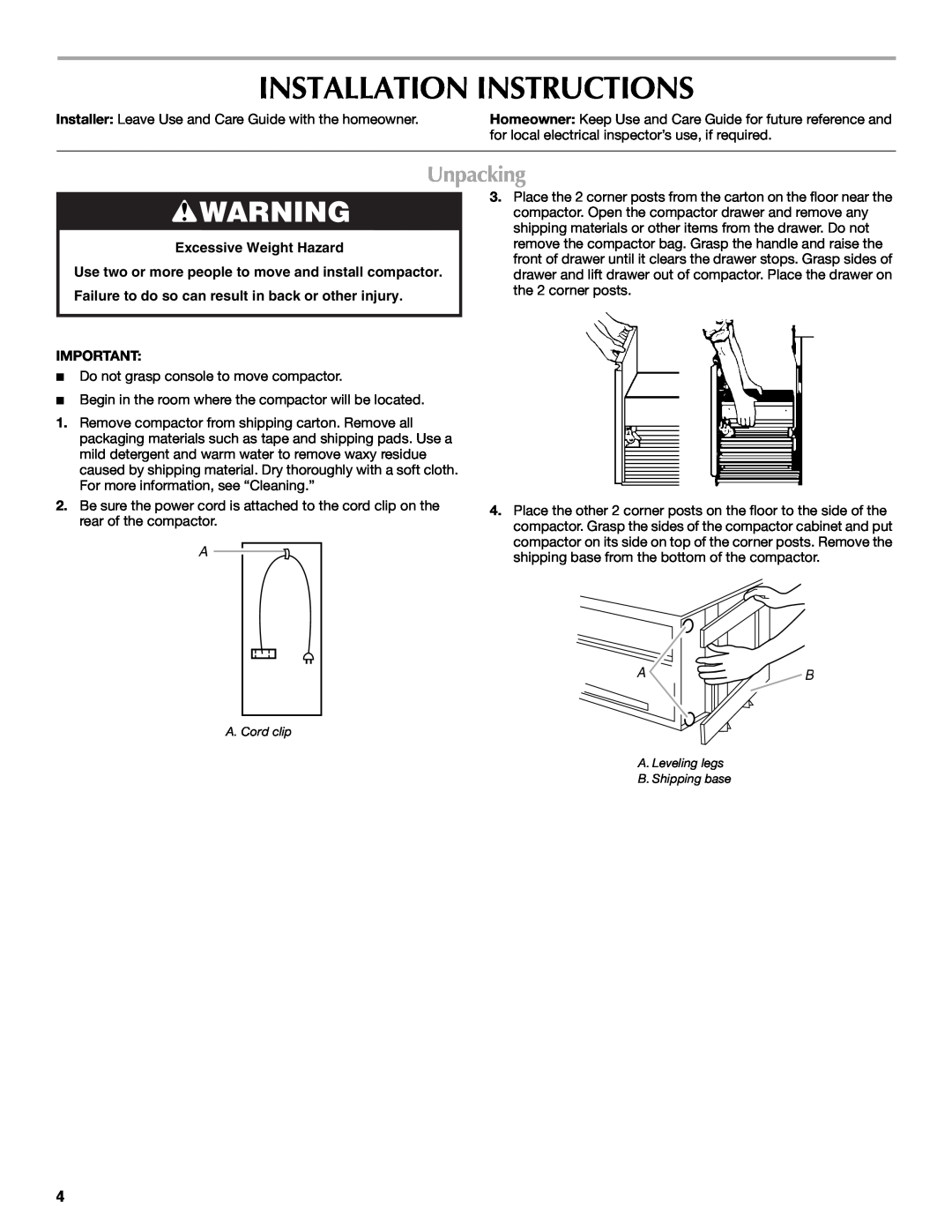 Maytag W10190314A, MTUC7000AWS manual Installation Instructions, Unpacking, Excessive Weight Hazard 