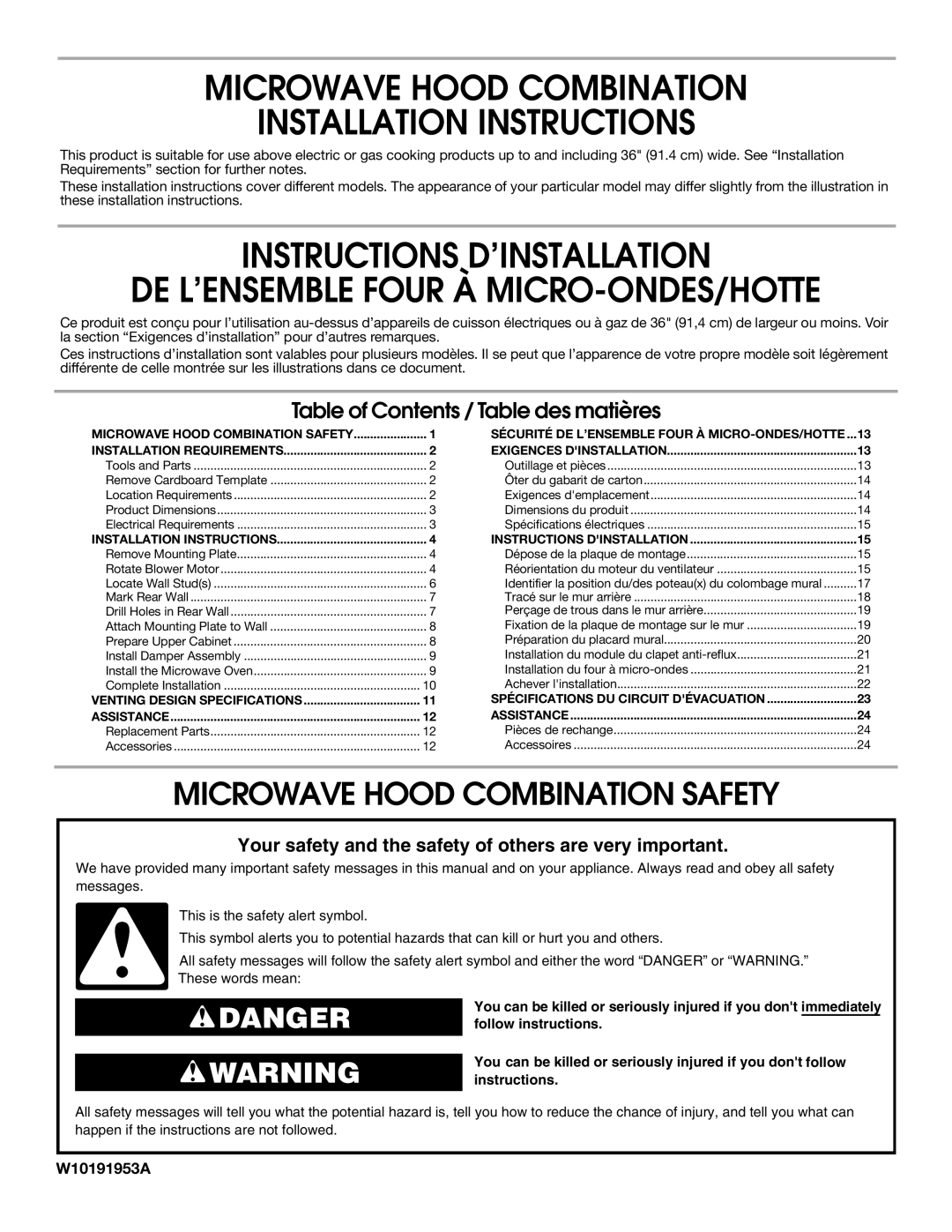 Maytag W10191953A installation instructions Microwave Hood Combination Installation Instructions 