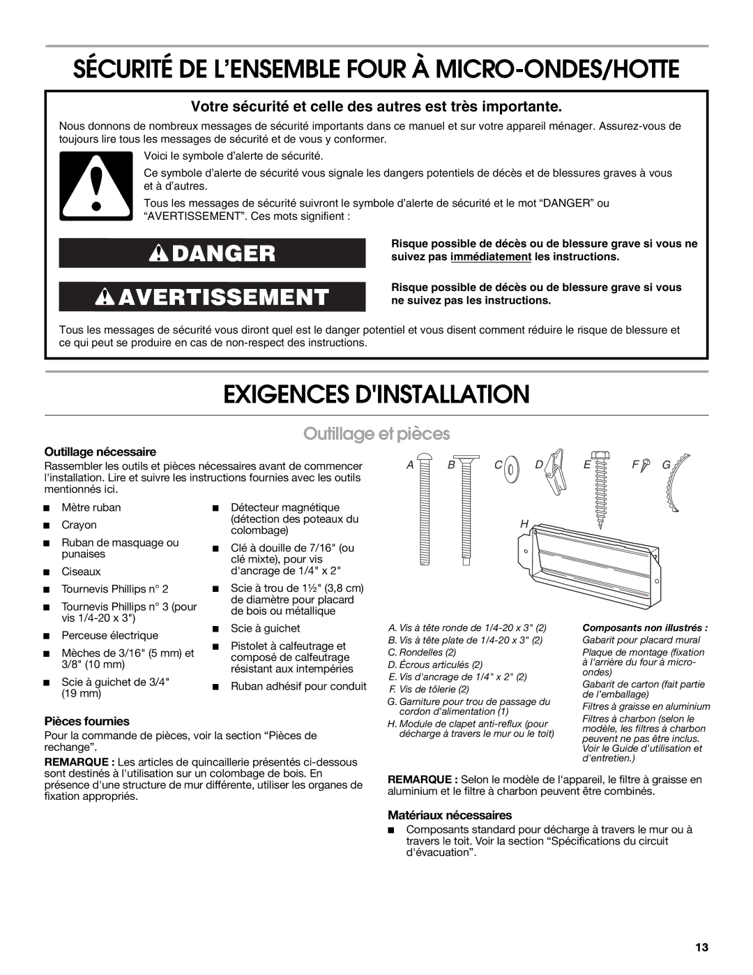 Maytag W10191953A Exigences Dinstallation, Outillage et pièces, Outillage nécessaire, Pièces fournies 