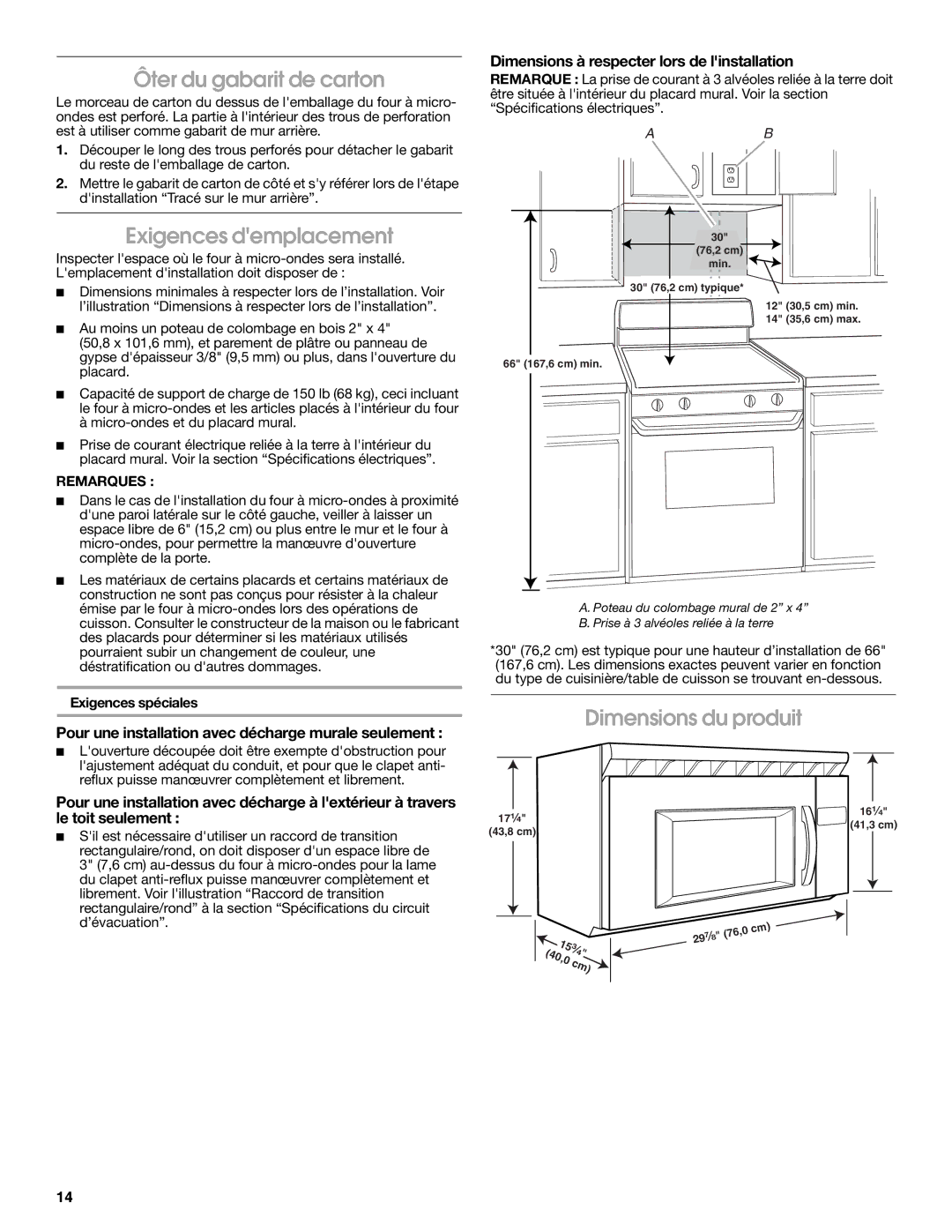 Maytag W10191953A installation instructions Ôter du gabarit de carton, Exigences demplacement, Dimensions du produit 