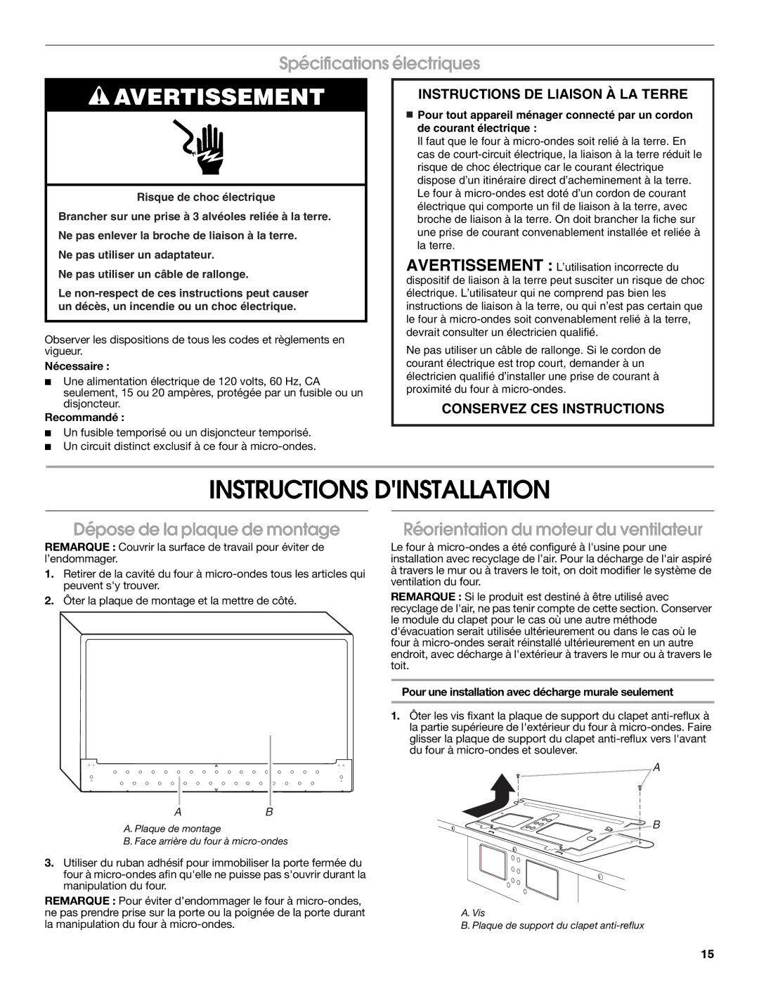 Maytag W10191953A Instructions Dinstallation, Spécifications électriques, Dépose de la plaque de montage 