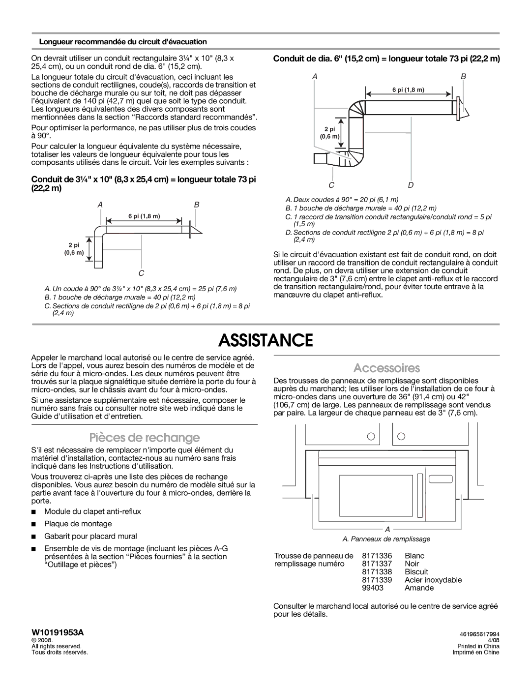 Maytag W10191953A installation instructions Accessoires, Pièces de rechange, Longueur recommandée du circuit dévacuation 