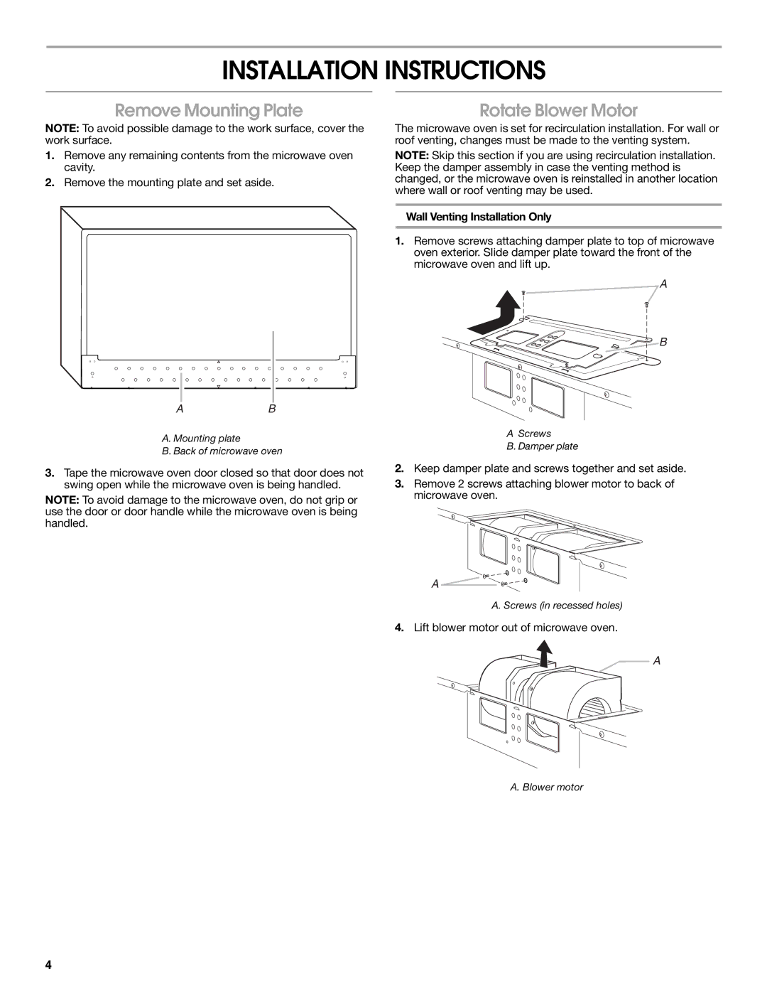 Maytag W10191953A Installation Instructions, Remove Mounting Plate, Rotate Blower Motor, Wall Venting Installation Only 