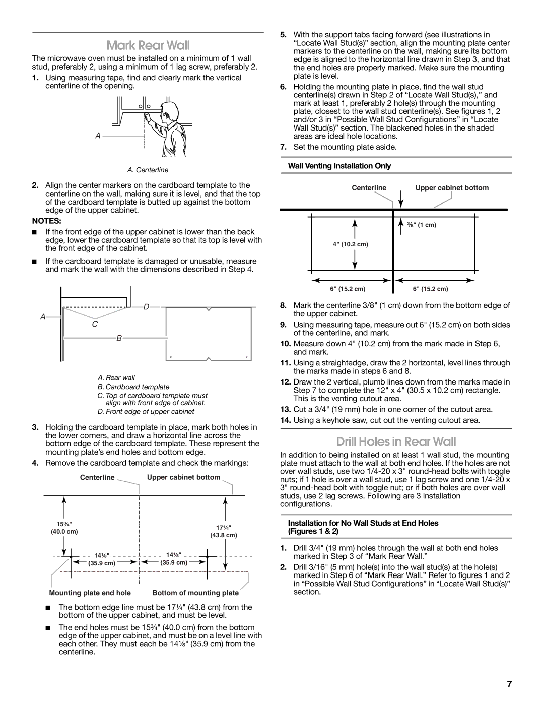 Maytag W10191953A Mark Rear Wall, Drill Holes in Rear Wall, Installation for No Wall Studs at End Holes Figures 1 