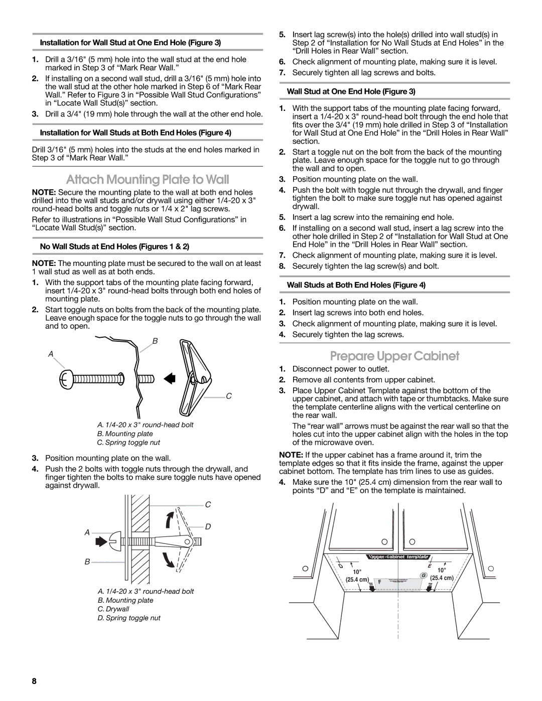 Maytag W10191953A installation instructions Attach Mounting Plate to Wall, Prepare Upper Cabinet 