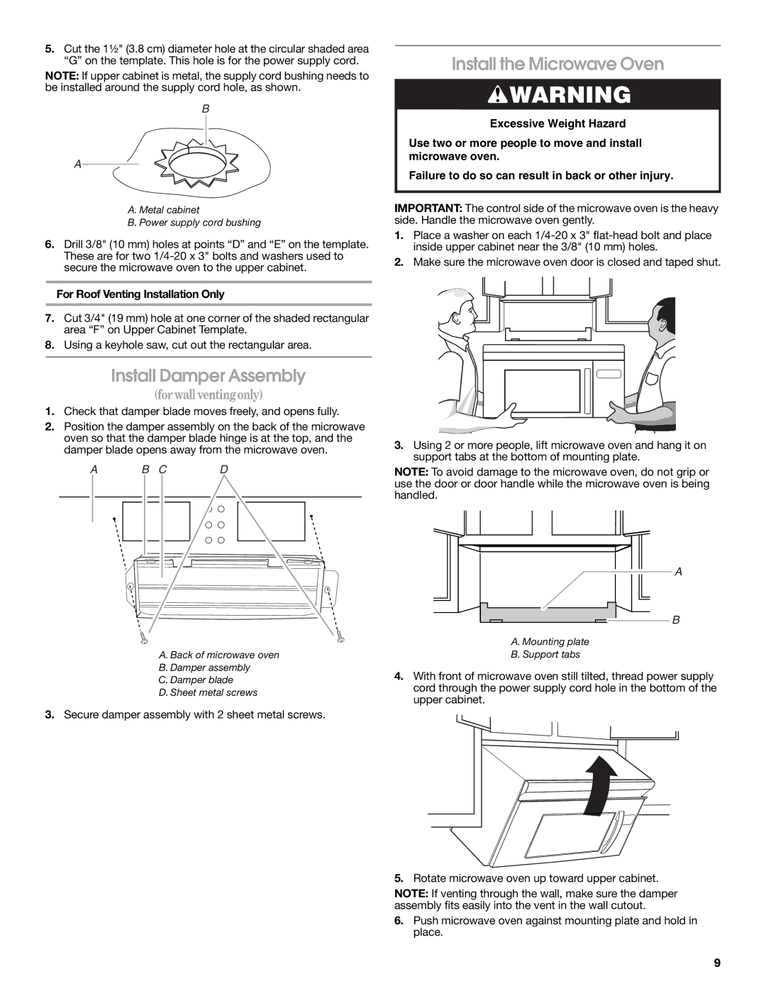 Maytag W10191953A Install Damper Assembly, Install the Microwave Oven, Secure damper assembly with 2 sheet metal screws 