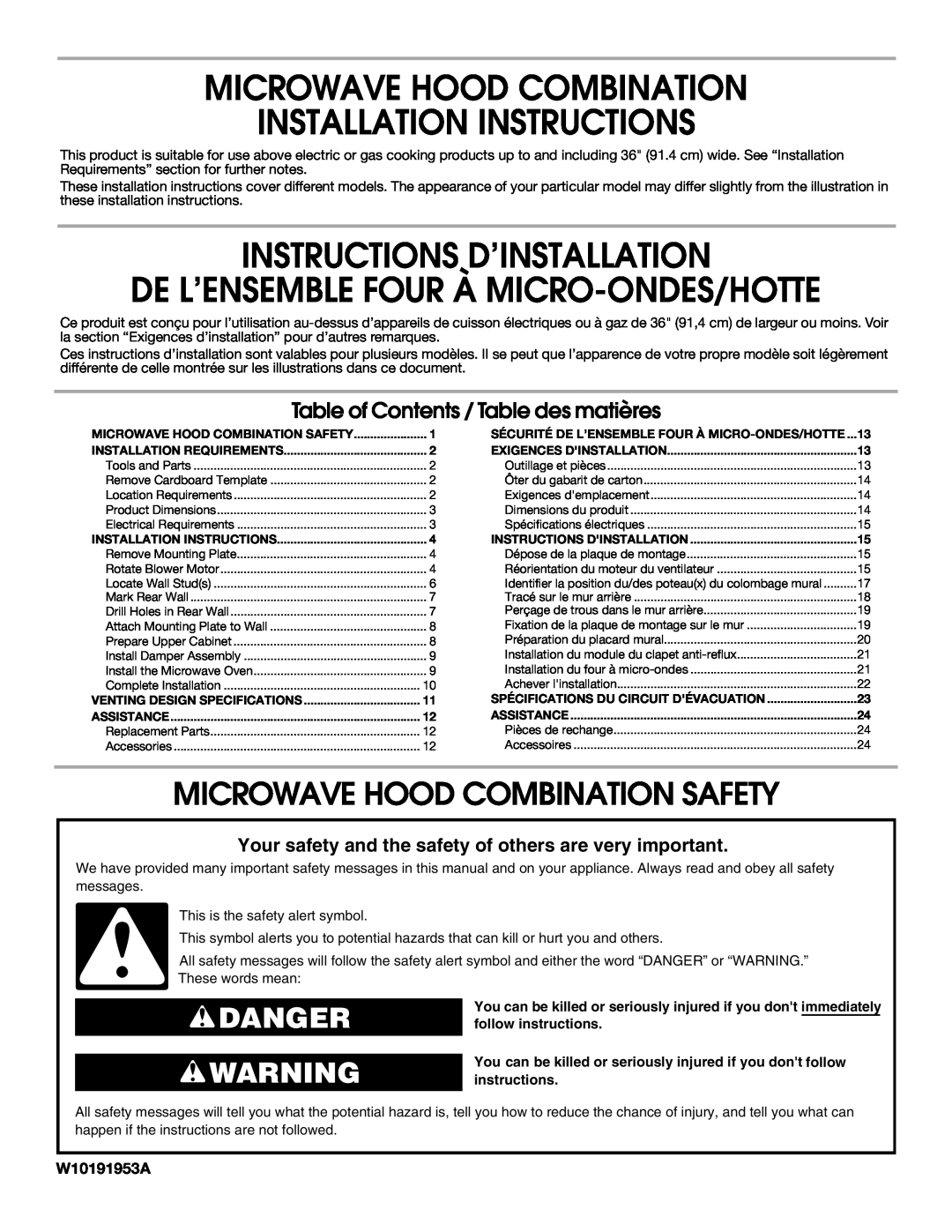 Maytag W10191953A installation instructions Microwave Hood Combination Safety, Danger, Installation Instructions 