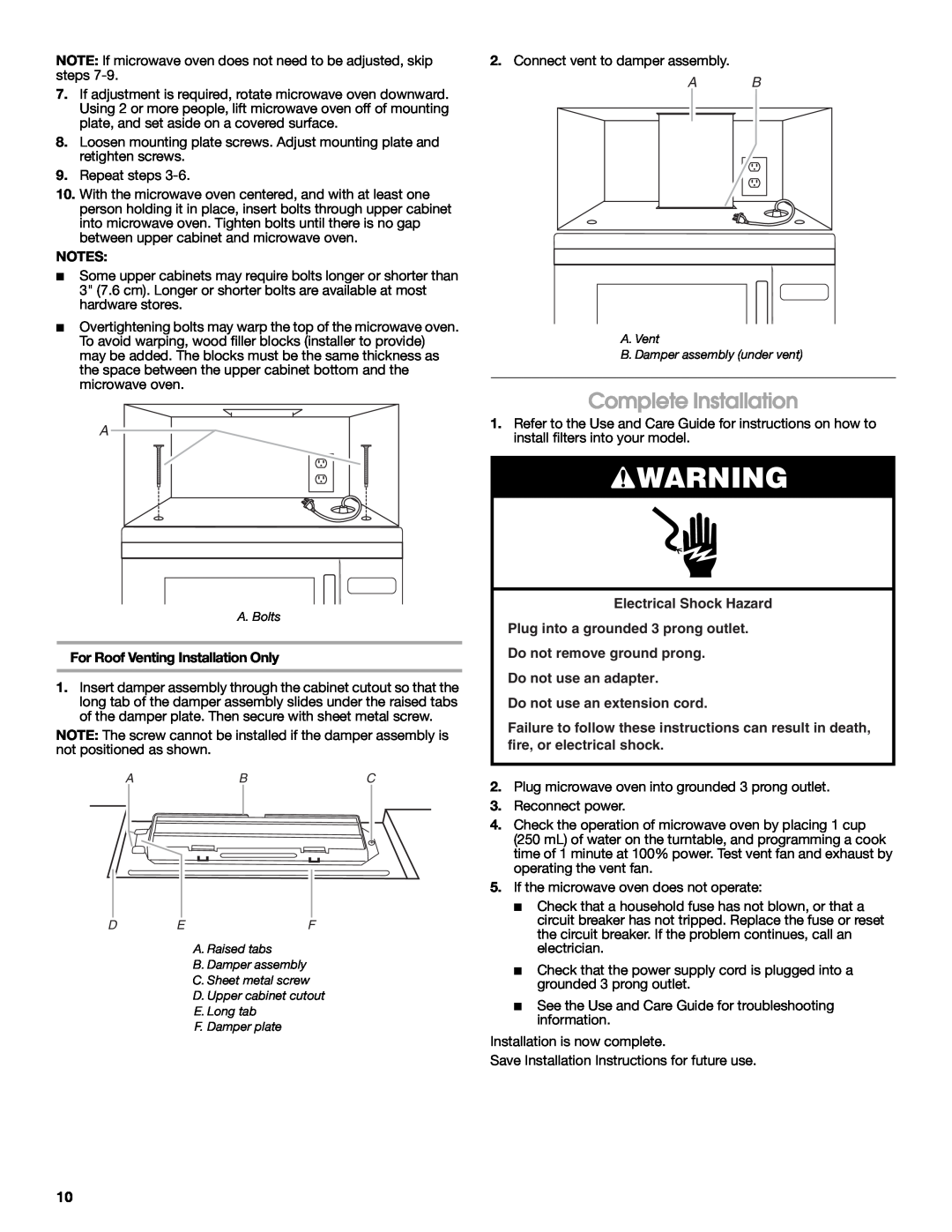 Maytag W10191953A Complete Installation, For Roof Venting Installation Only, Electrical Shock Hazard 