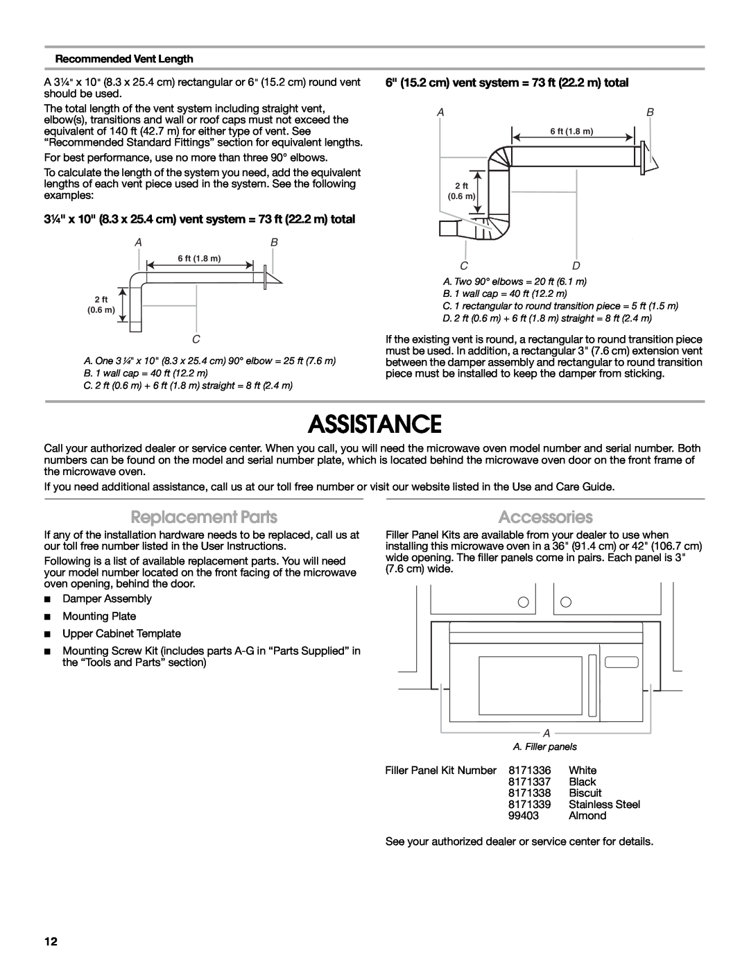 Maytag W10191953A installation instructions Assistance, Replacement Parts, Accessories, Recommended Vent Length 