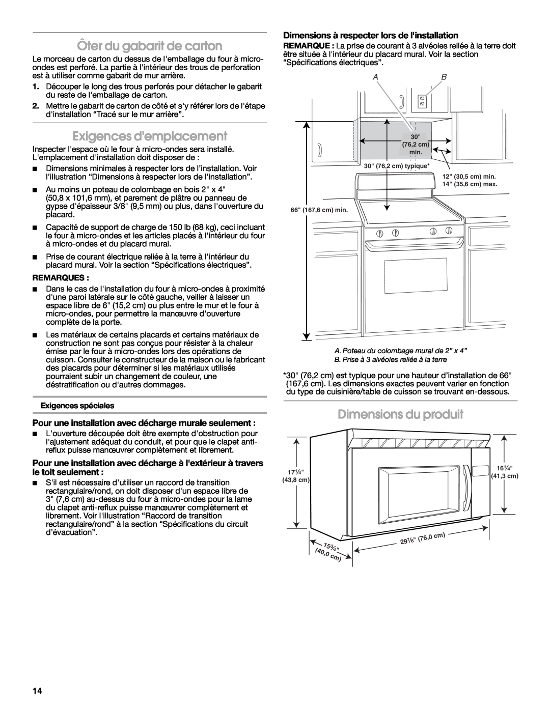 Maytag W10191953A installation instructions Ôter du gabarit de carton, Exigences demplacement, Dimensions du produit 