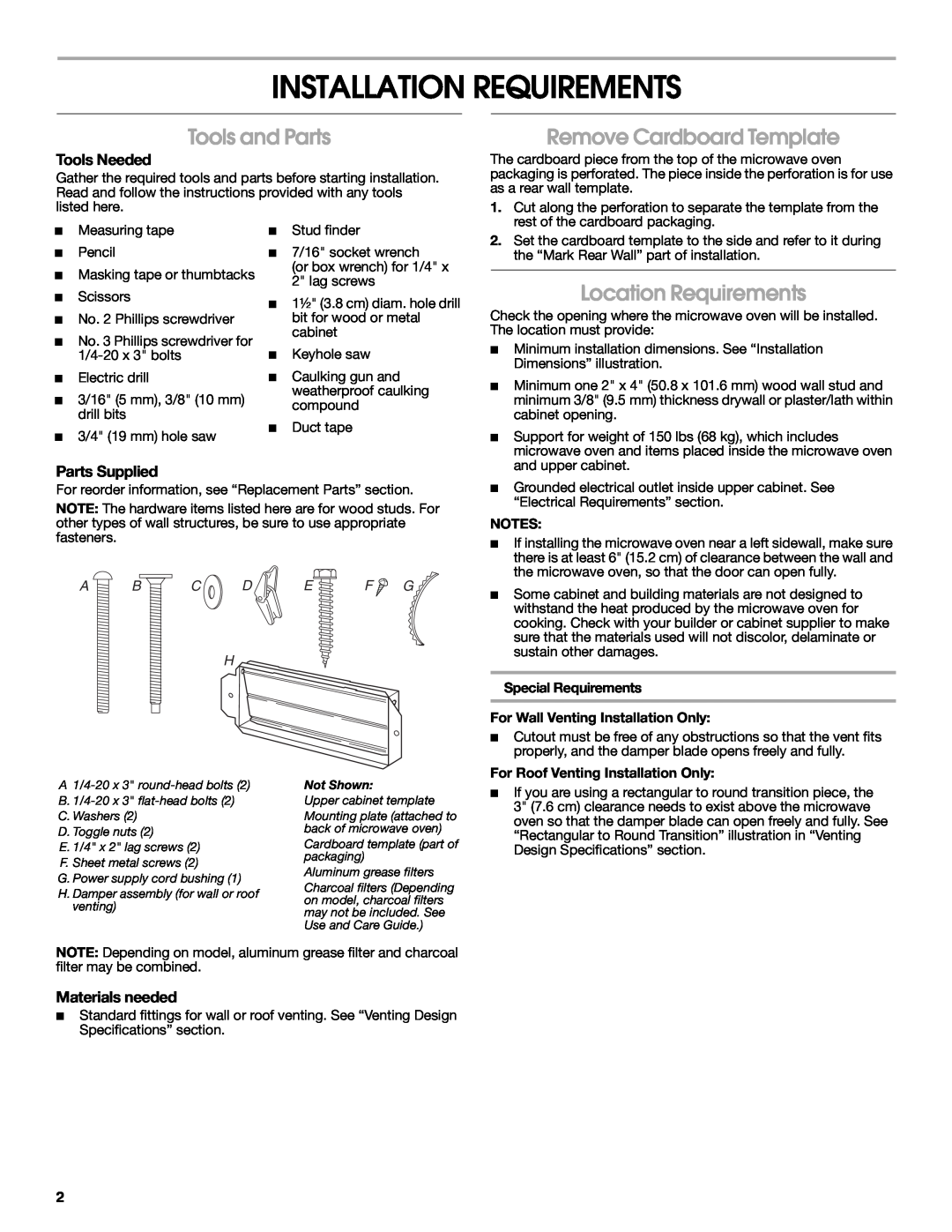 Maytag W10191953A Installation Requirements, Tools and Parts, Remove Cardboard Template, Location Requirements 