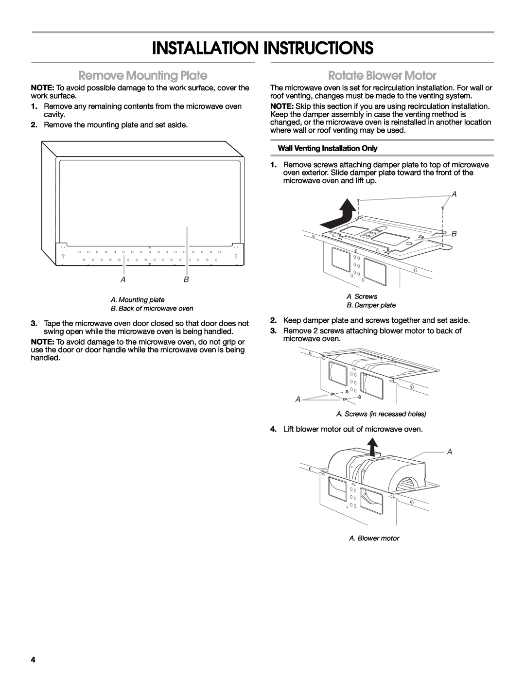 Maytag W10191953A Installation Instructions, Remove Mounting Plate, Rotate Blower Motor, Wall Venting Installation Only 