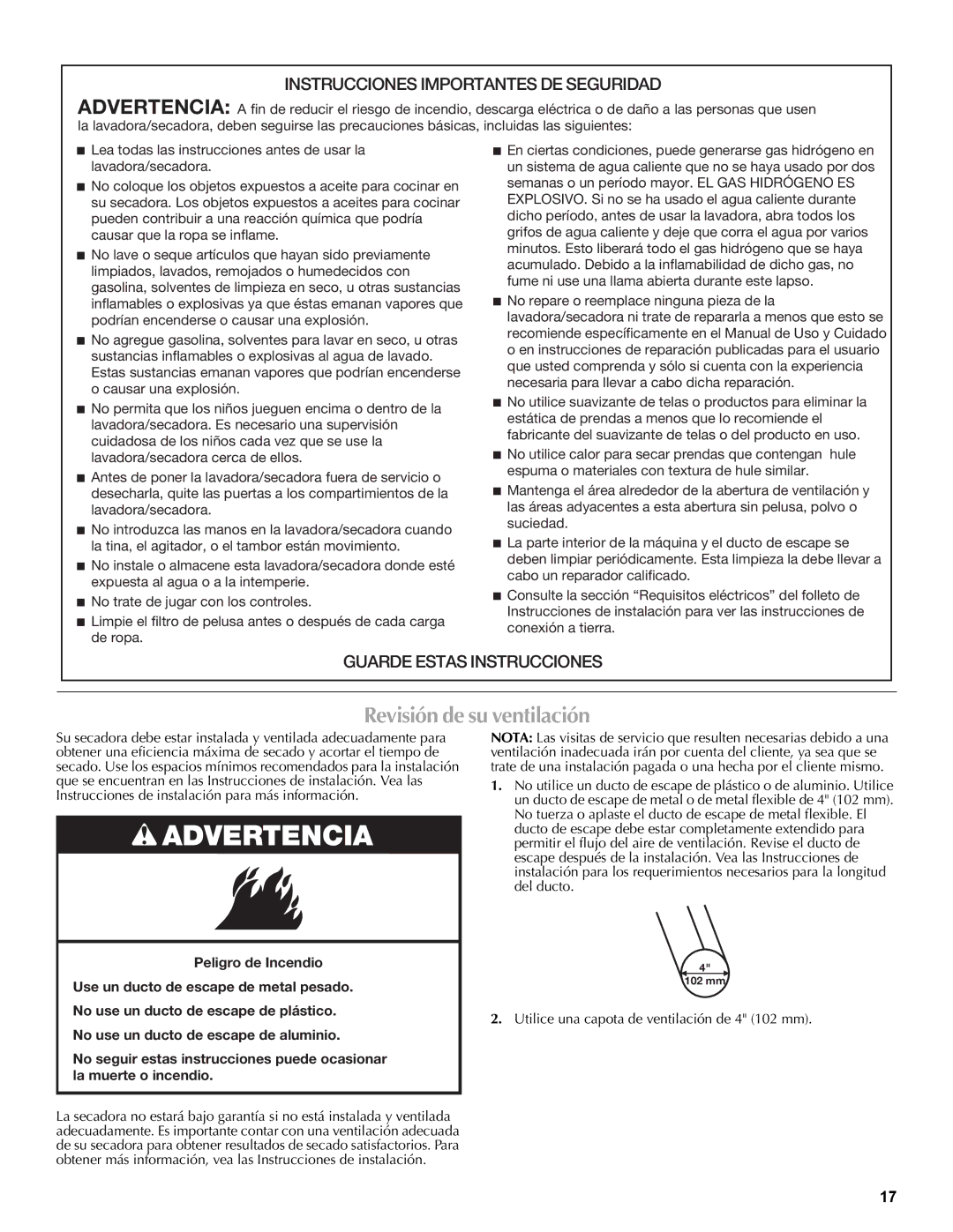 Maytag W10196552A warranty Revisión de su ventilación, Instrucciones Importantes DE Seguridad 