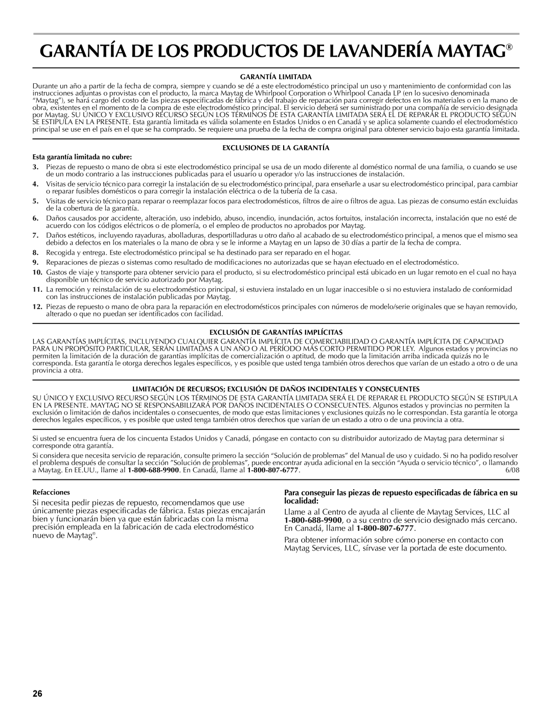 Maytag W10196552A warranty Garantía DE LOS Productos DE Lavandería Maytag 