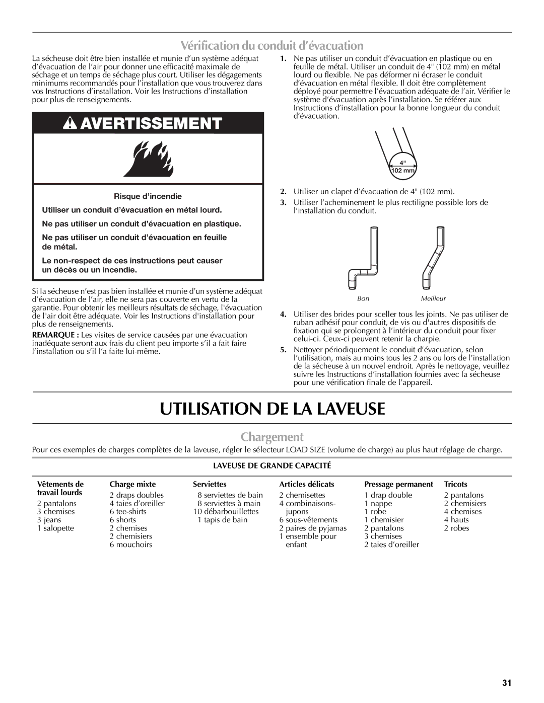 Maytag W10196552A warranty Utilisation DE LA Laveuse, Vérification du conduit d’évacuation, Chargement 