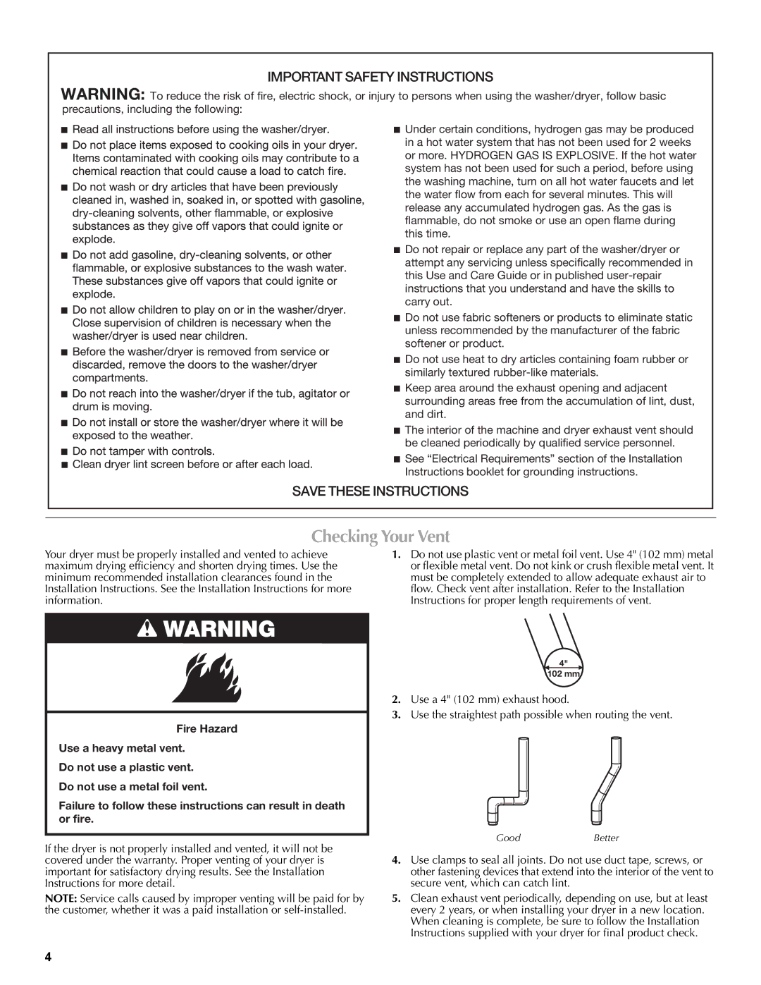 Maytag W10196552A warranty Checking Your Vent, Important Safety Instructions 