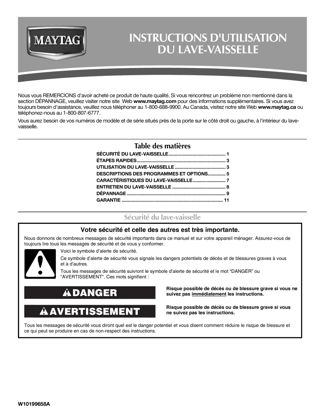 Maytag W10199658A, W10199659A warranty Instructions Dutilisation DU LAVE-VAISSELLE, Sécurité du lave-vaisselle 