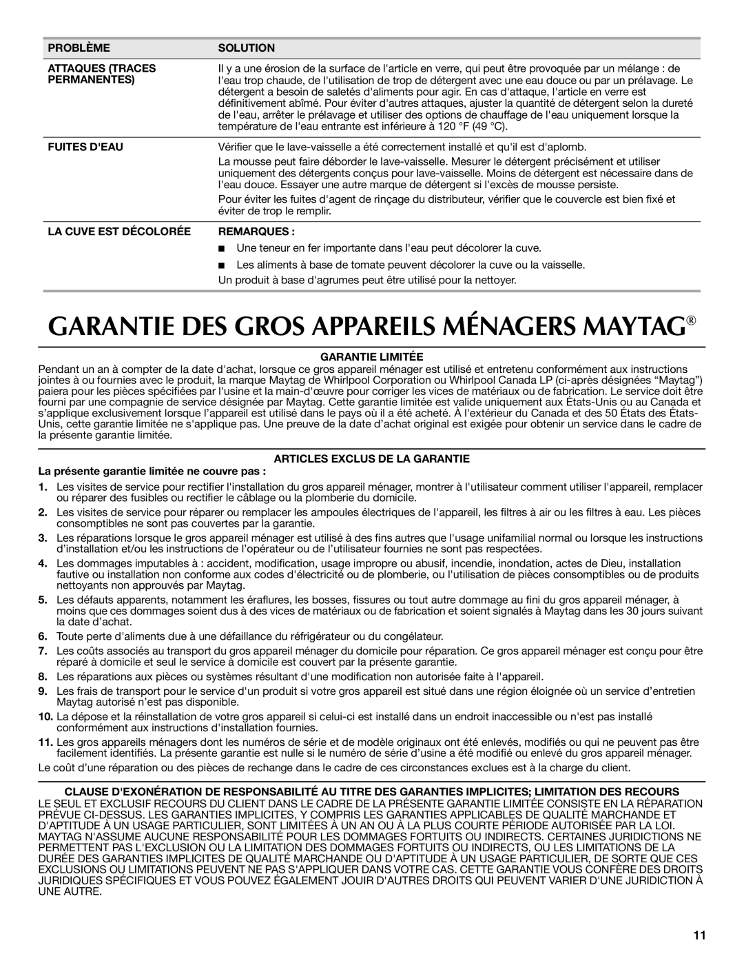 Maytag W10199658A, W10199659A Problème Solution Attaques Traces, Permanentes, Fuites Deau, LA Cuve EST Décolorée Remarques 