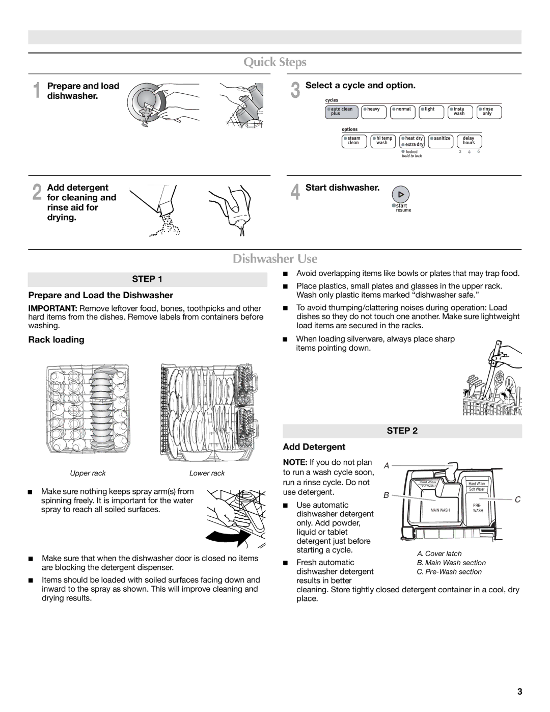 Maytag W10199658A, W10199659A Quick Steps, Dishwasher Use, Prepare and load, Prepare and Load the Dishwasher, Rack loading 