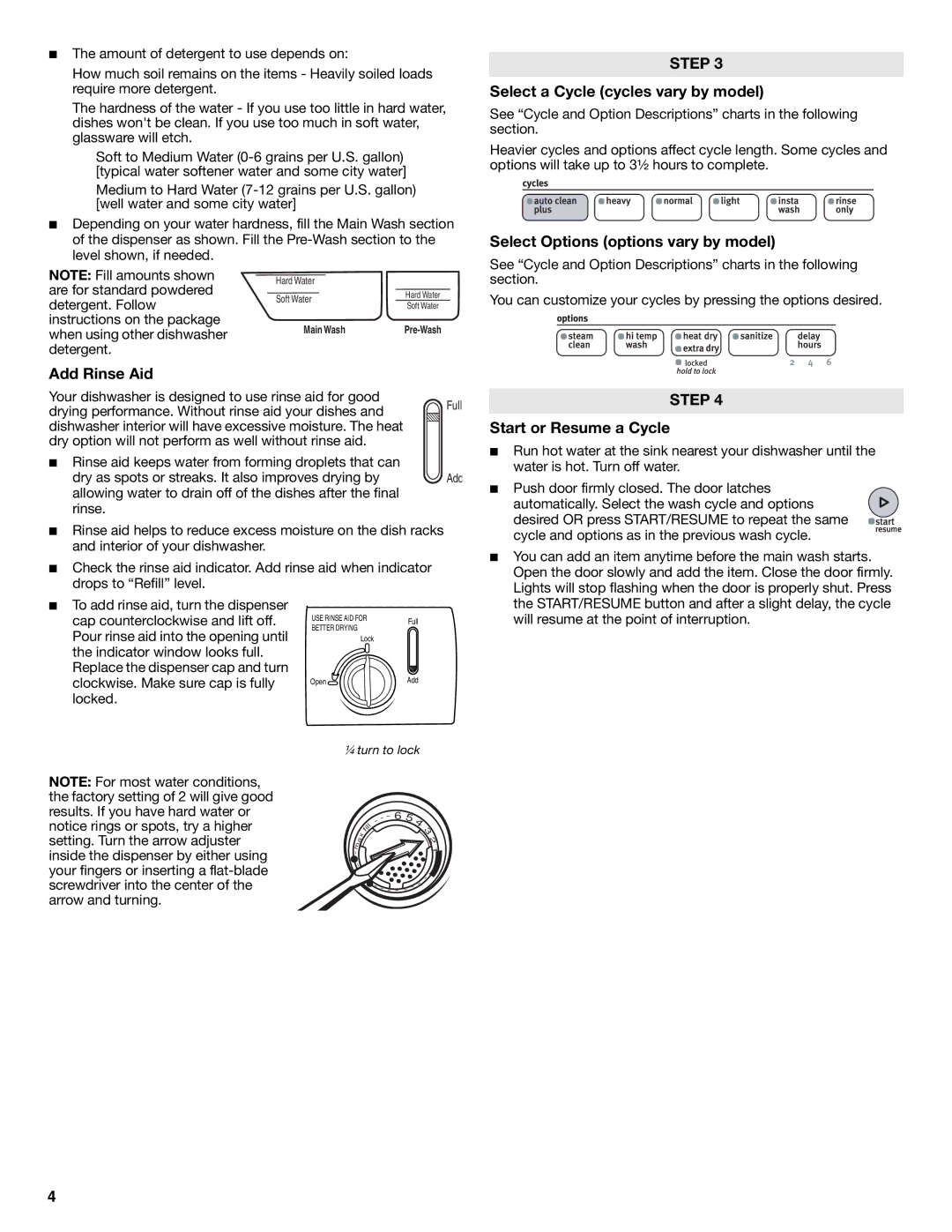 Maytag W10199659A, W10199658A Add Rinse Aid, Select a Cycle cycles vary by model, Select Options options vary by model 