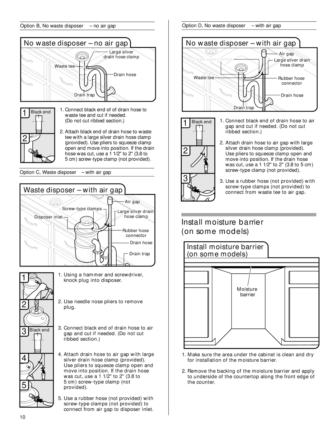 Maytag W10199707A Install moisture barrier on some models, No waste disposer no air gap, Waste disposer with air gap 