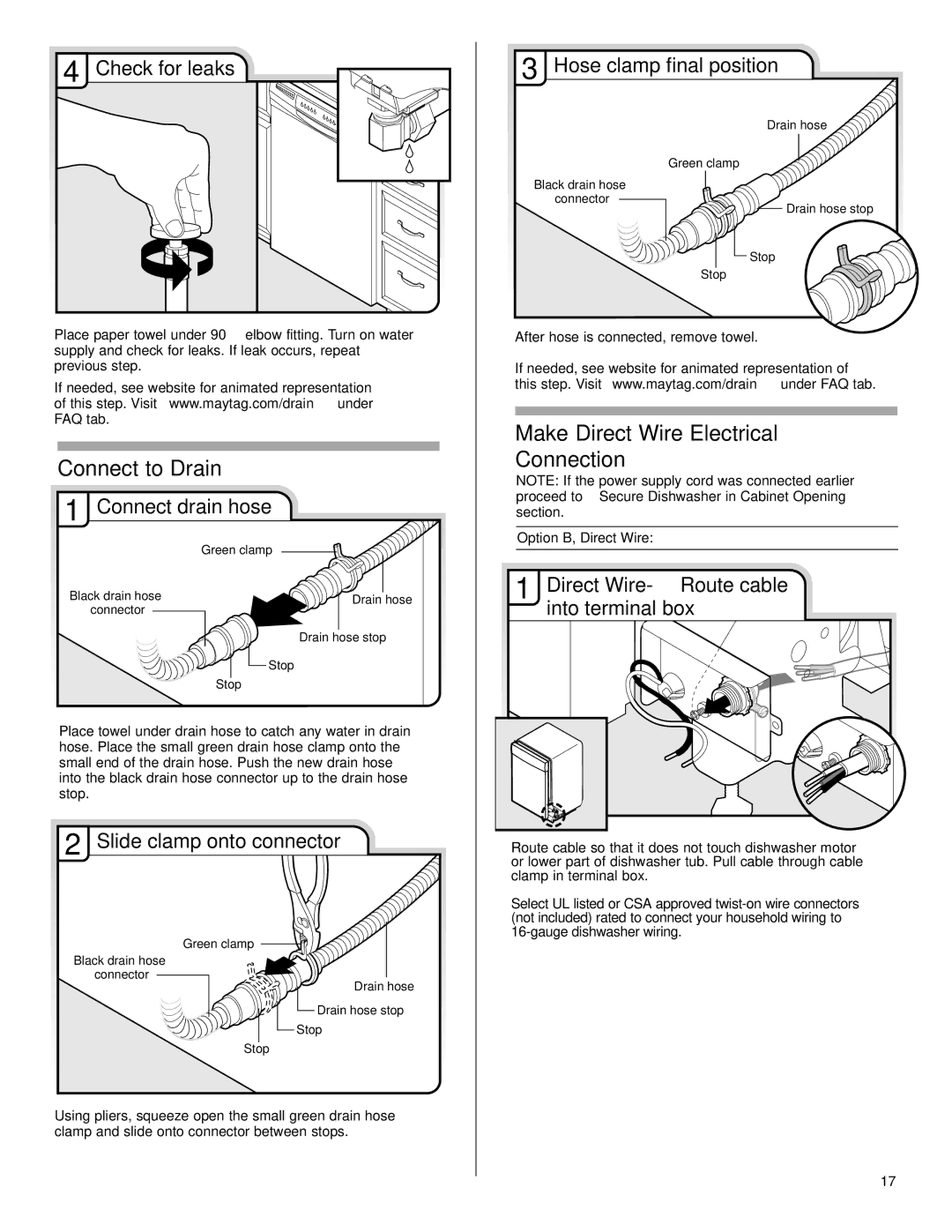 Maytag W10199707A Connect to Drain, Make Direct Wire Electrical Connection, Check for leaks Hose clamp final position 