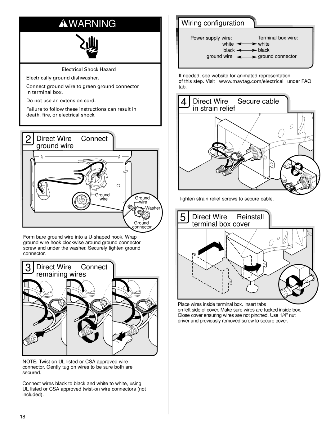 Maytag W10199707A installation instructions Direct Wire-Connect ground wire, Direct Wire-Connect remaining wires 