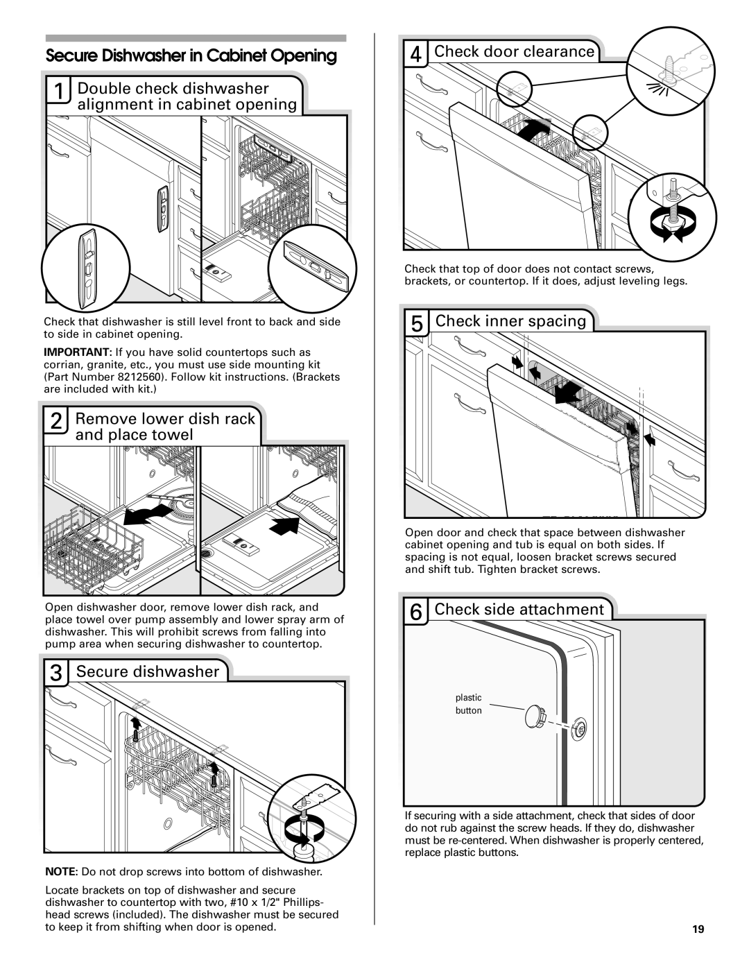 Maytag W10199707A installation instructions Secure Dishwasher in Cabinet Opening 