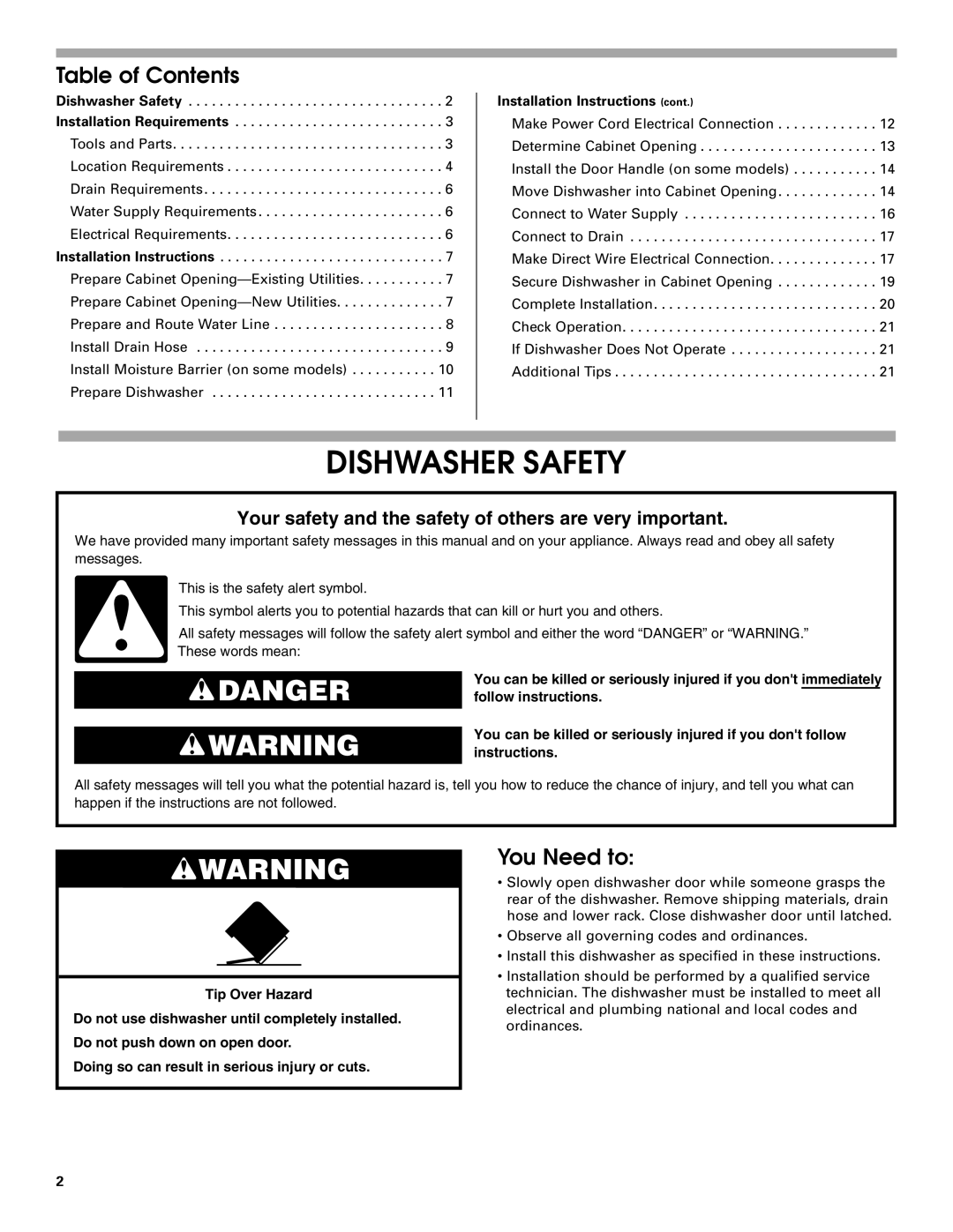 Maytag W10199707A installation instructions Table of Contents, You Need to 