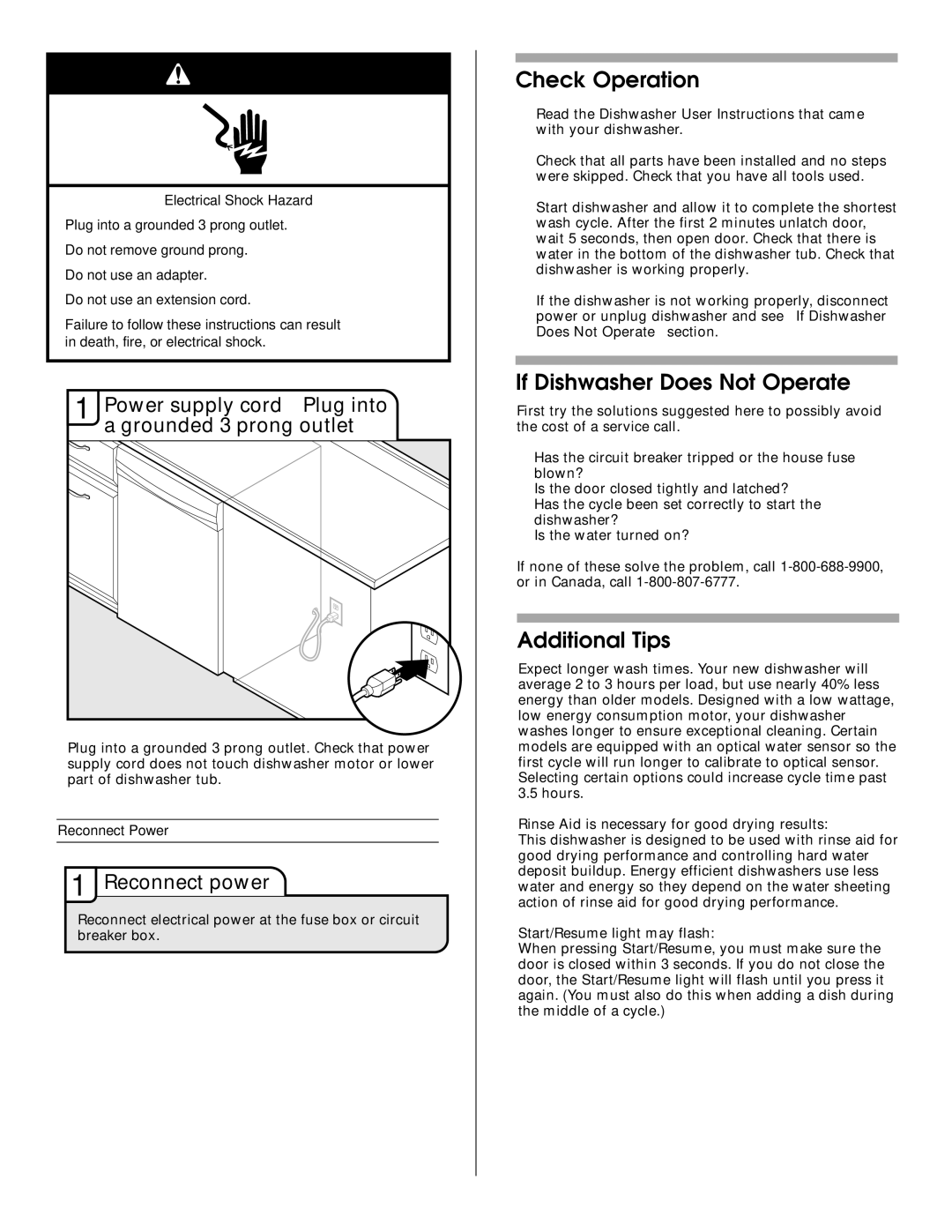 Maytag W10199707A Check Operation, If Dishwasher Does Not Operate, Additional Tips, Reconnect power 