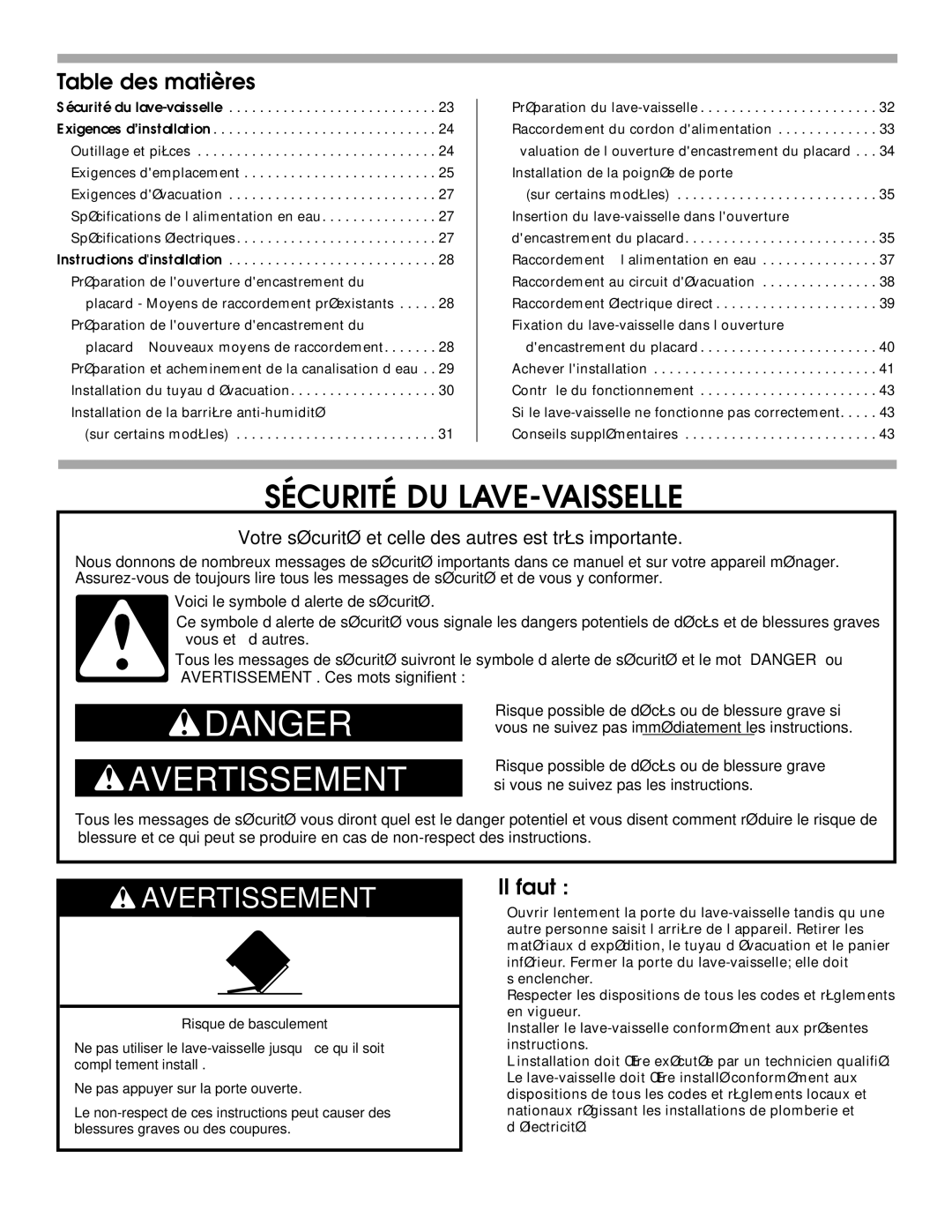 Maytag W10199707A installation instructions Table des matières, Il faut 