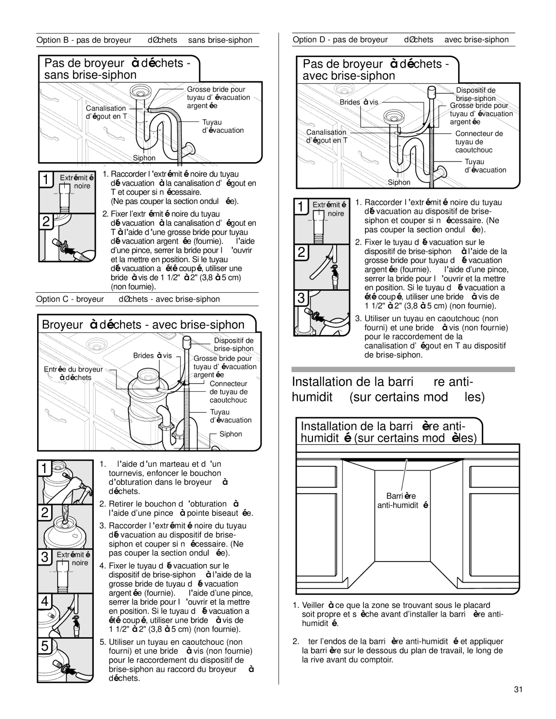 Maytag W10199707A Pas de broyeur à déchets sans brise-siphon, Pas de broyeur à déchets avec brise-siphon 