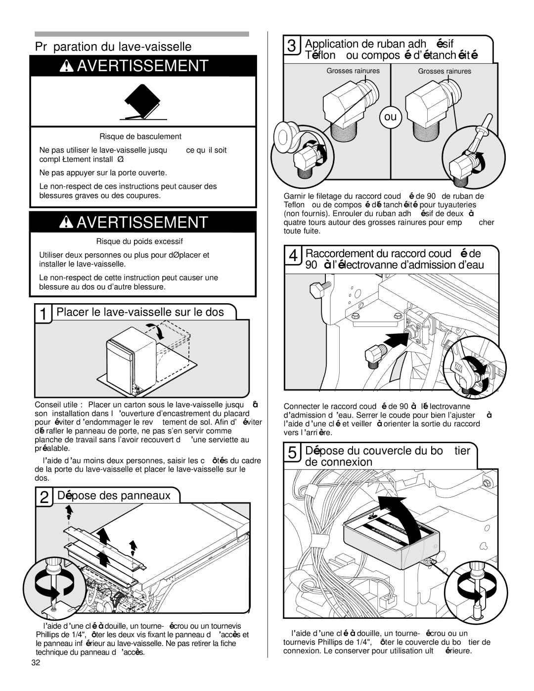 Maytag W10199707A Préparation du lave-vaisselle, Placer le lave-vaisselle sur le dos, Dépose des panneaux 