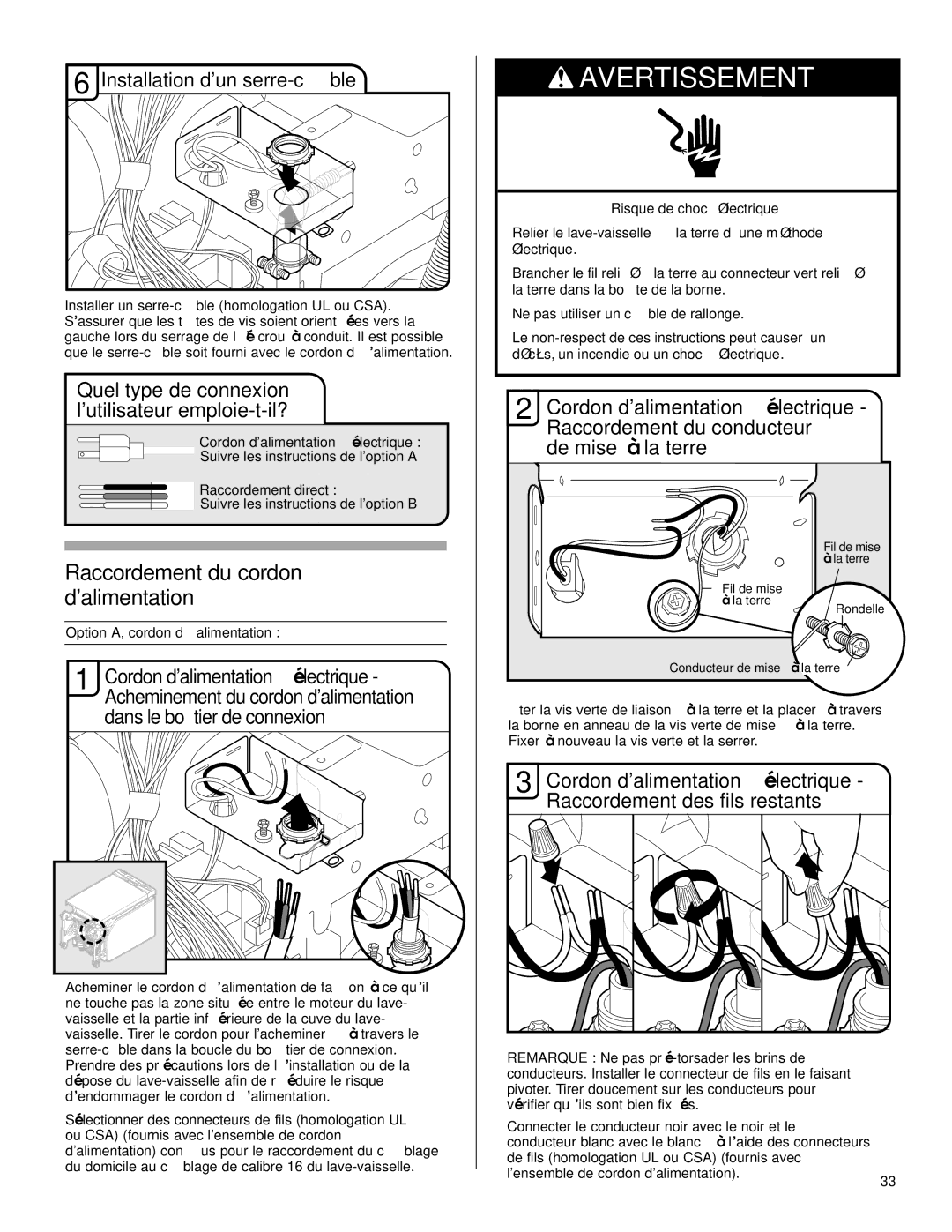 Maytag W10199707A installation instructions Raccordement du cordon dalimentation, Installation dun serre-câble 