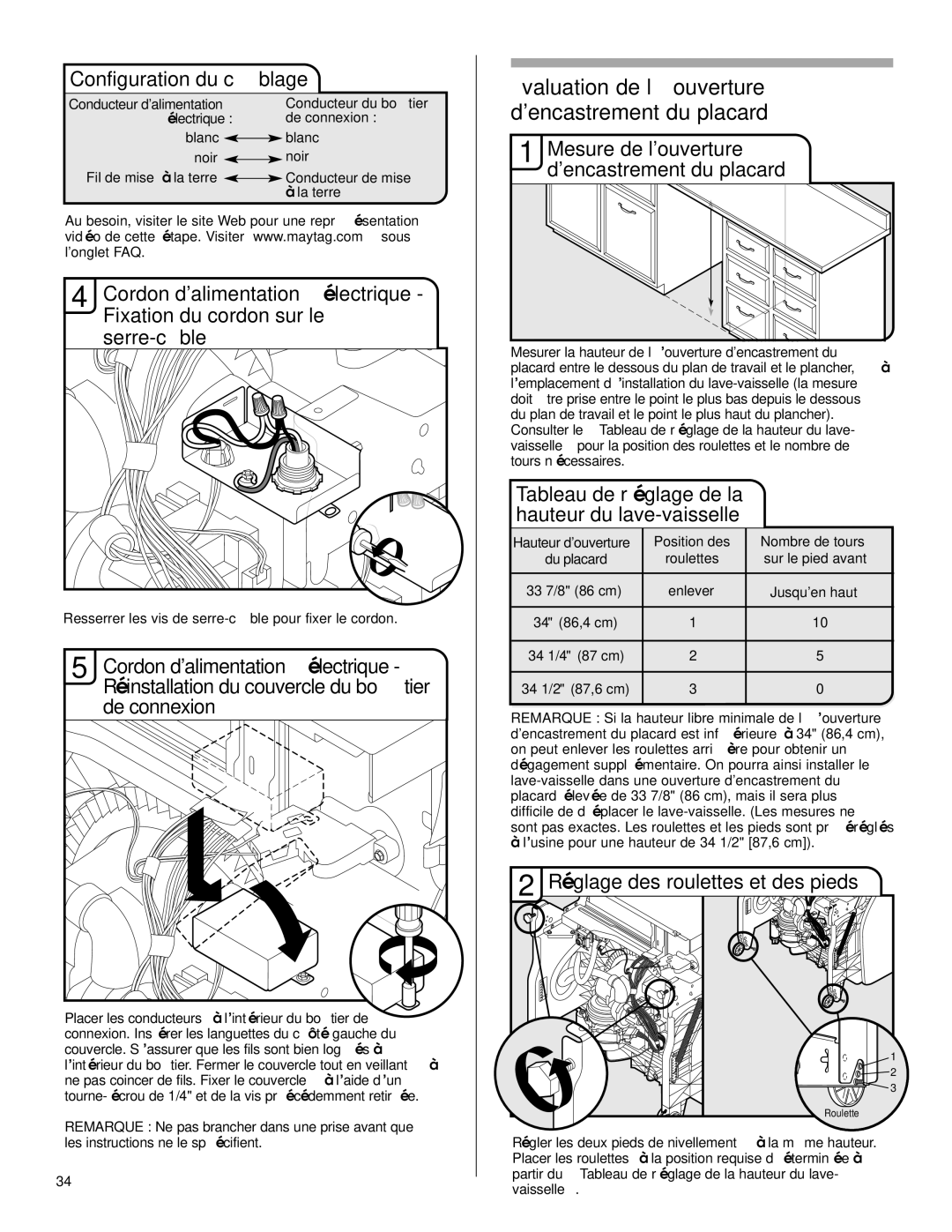 Maytag W10199707A installation instructions Évaluation de l’ouverture dencastrement du placard, Configuration du câblage 